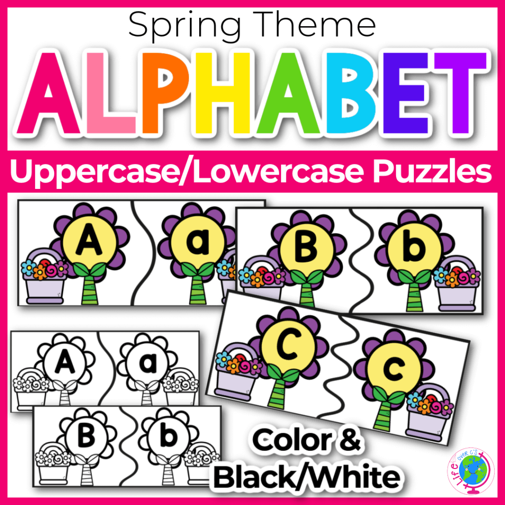 Alphabet uppercase and lowercase puzzles with spring flower theme