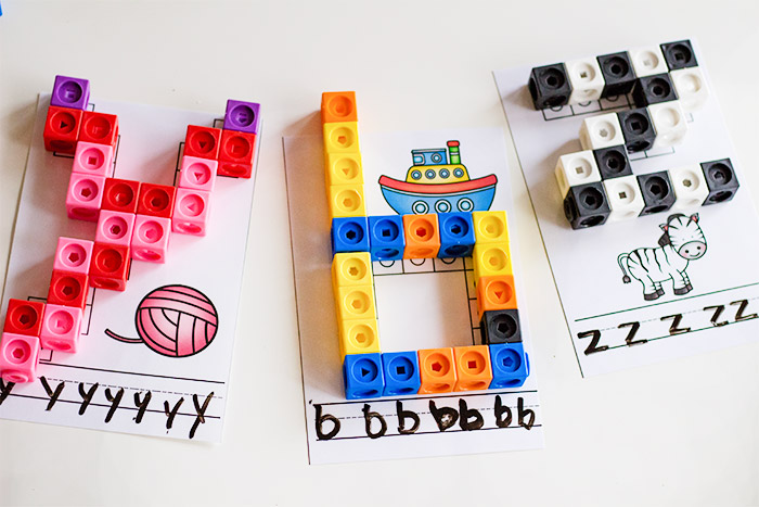 Completed letter B lowercase snap cube mat for preschool and kindergarten