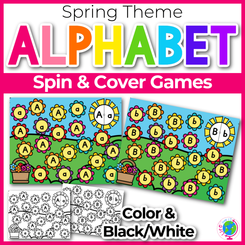 Alphabet spin and cover letter recognition game with spring theme