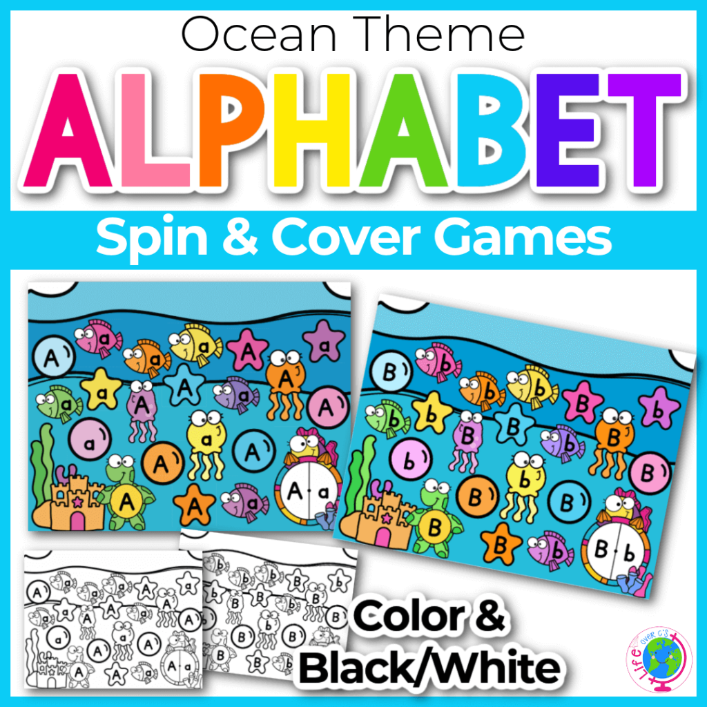 Learn the alphabet spin and cover games for kindergarten with ocean theme.