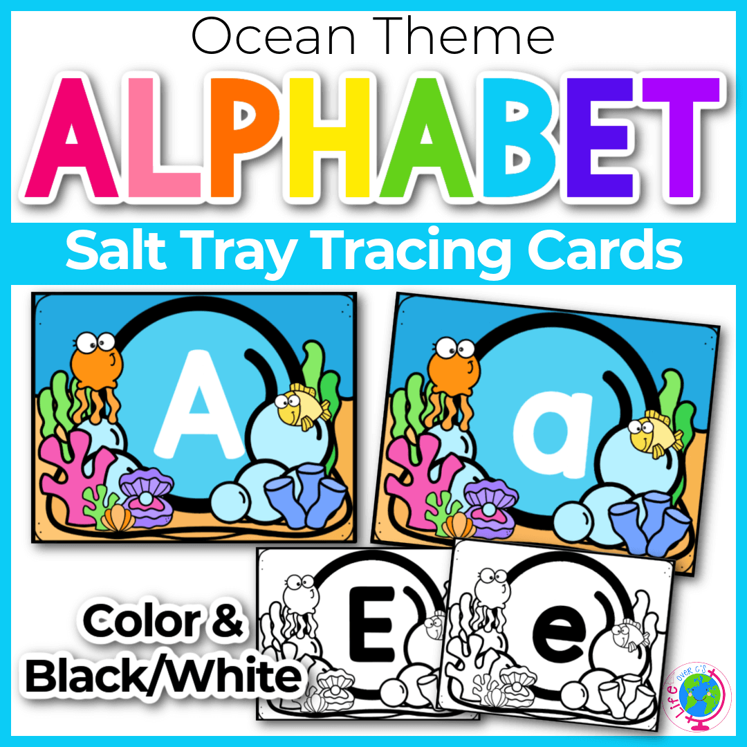 Alphabet salt tray tracing cards for kindergarten with ocean theme.