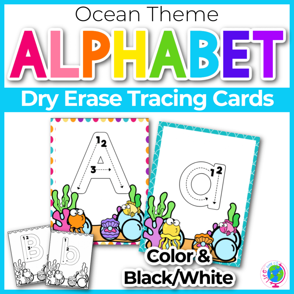 Learn the alphabet dry erase tracing cards for kindergarten with ocean theme.