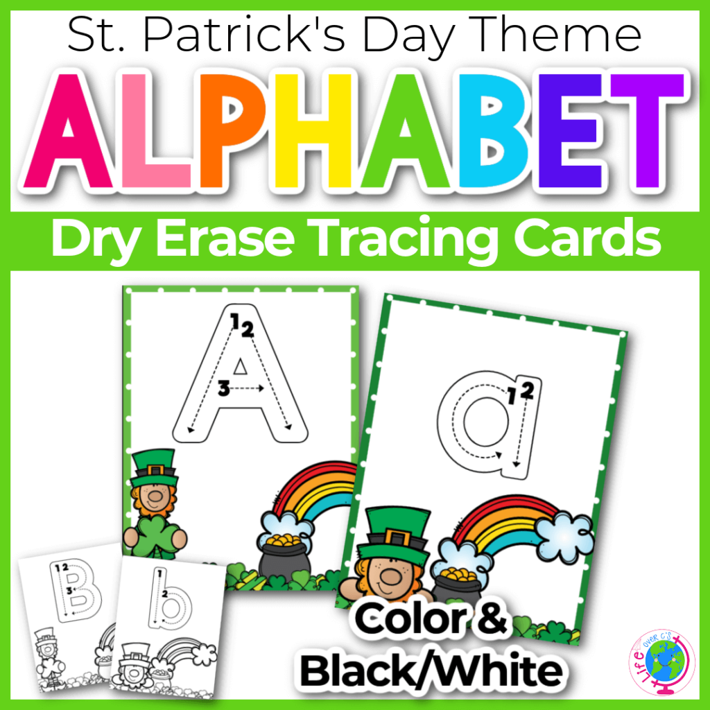 St. Patrick's Day dry erase alphabet tracing cards uppercase and lowercase