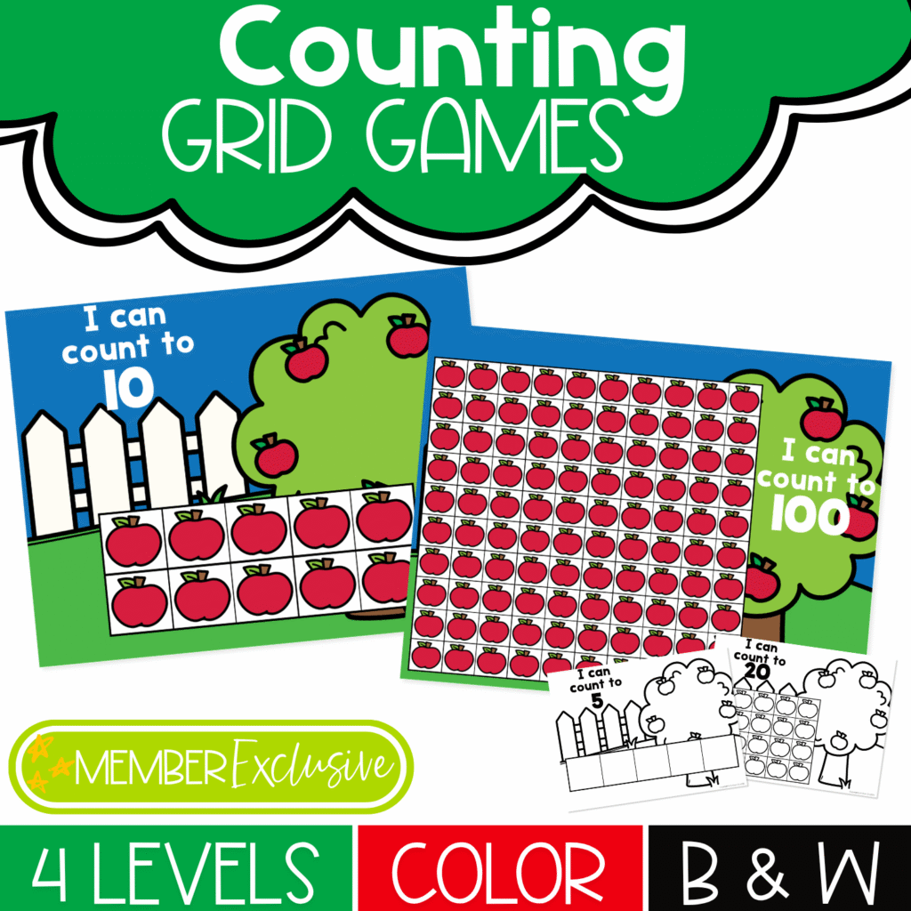 Apple counting grid games for preschool and kindergarten with color and black-and-white number mats for counting to 5, 10, 20, and 100.