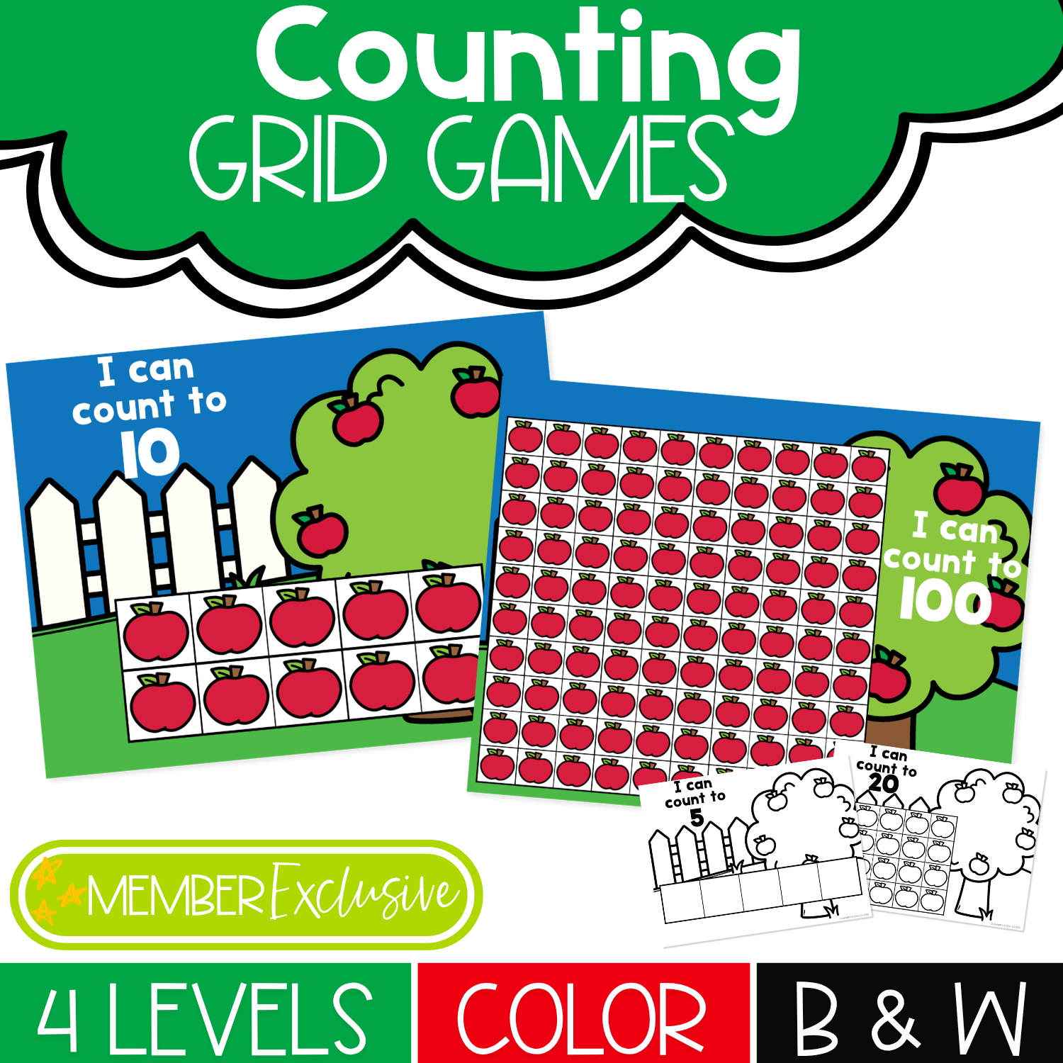 Apple counting grid games for preschool and kindergarten with color and black-and-white number mats for counting to 5, 10, 20, and 100.