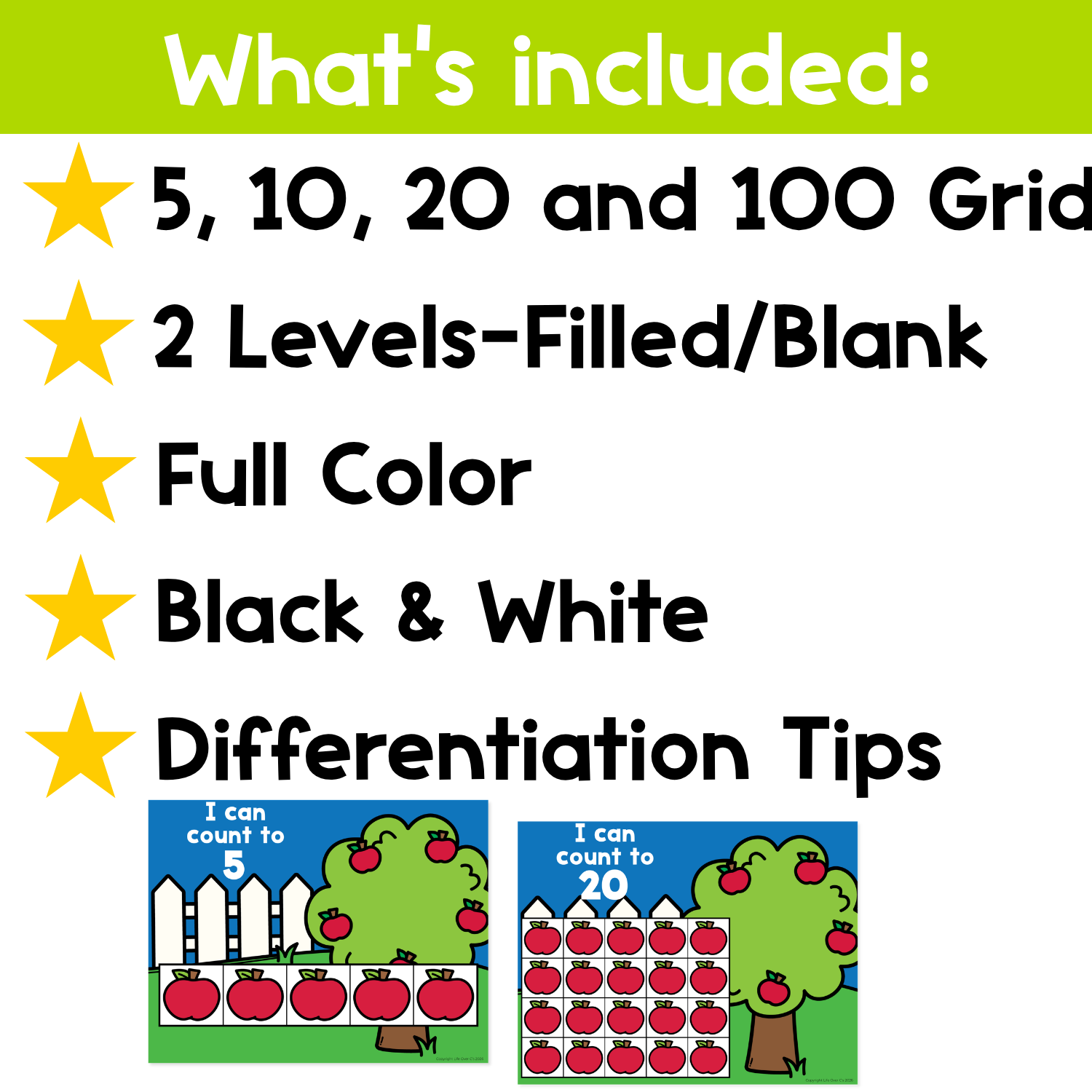 What’s included in the apple counting grid games with 5, 10, 20, and 100 grids, filled and blank levels, color pages, black-and-white pages, and differentiation tips.