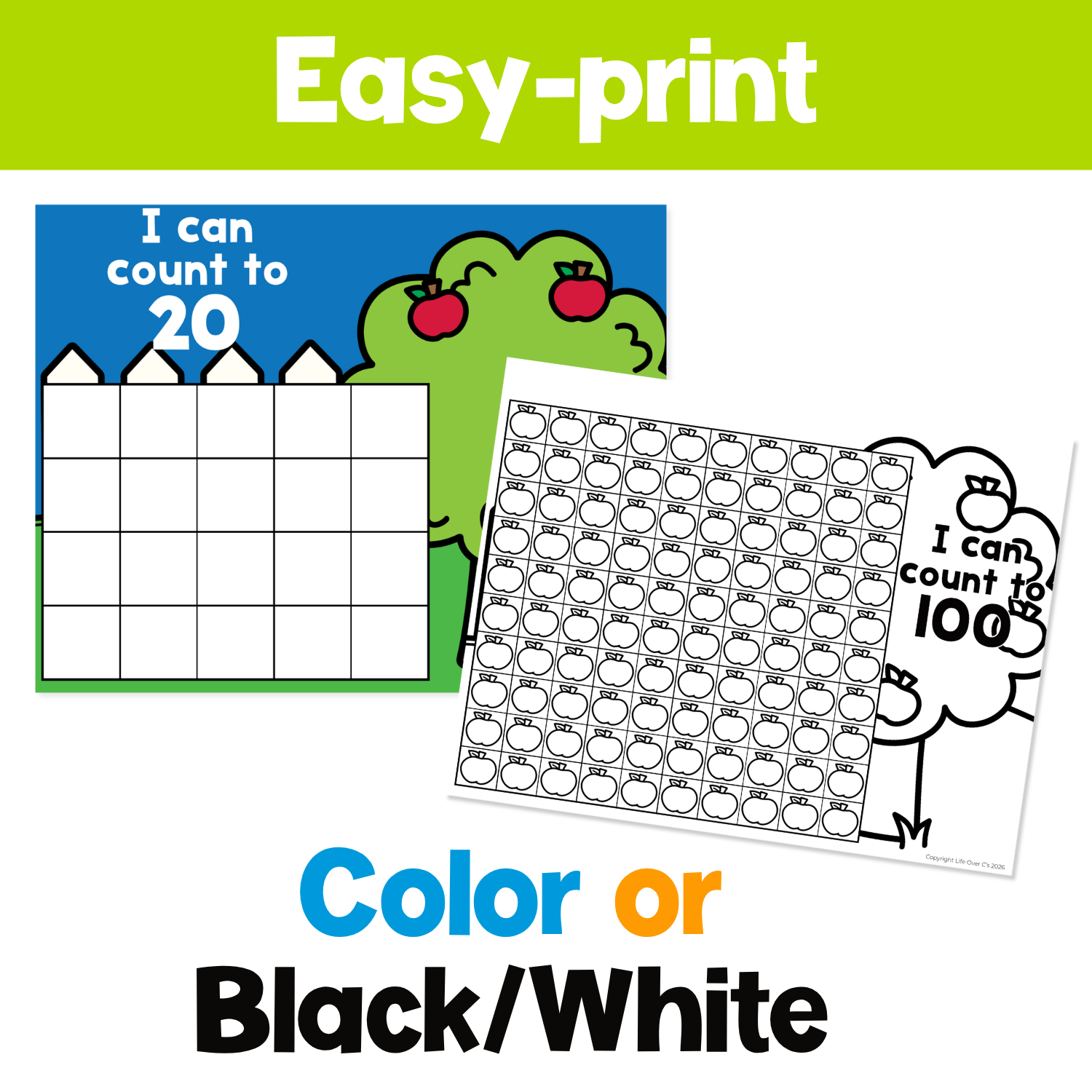 Easy-print apple counting grid game mats in color and black-and-white for practicing counting, number recognition, and one-to-one correspondence.