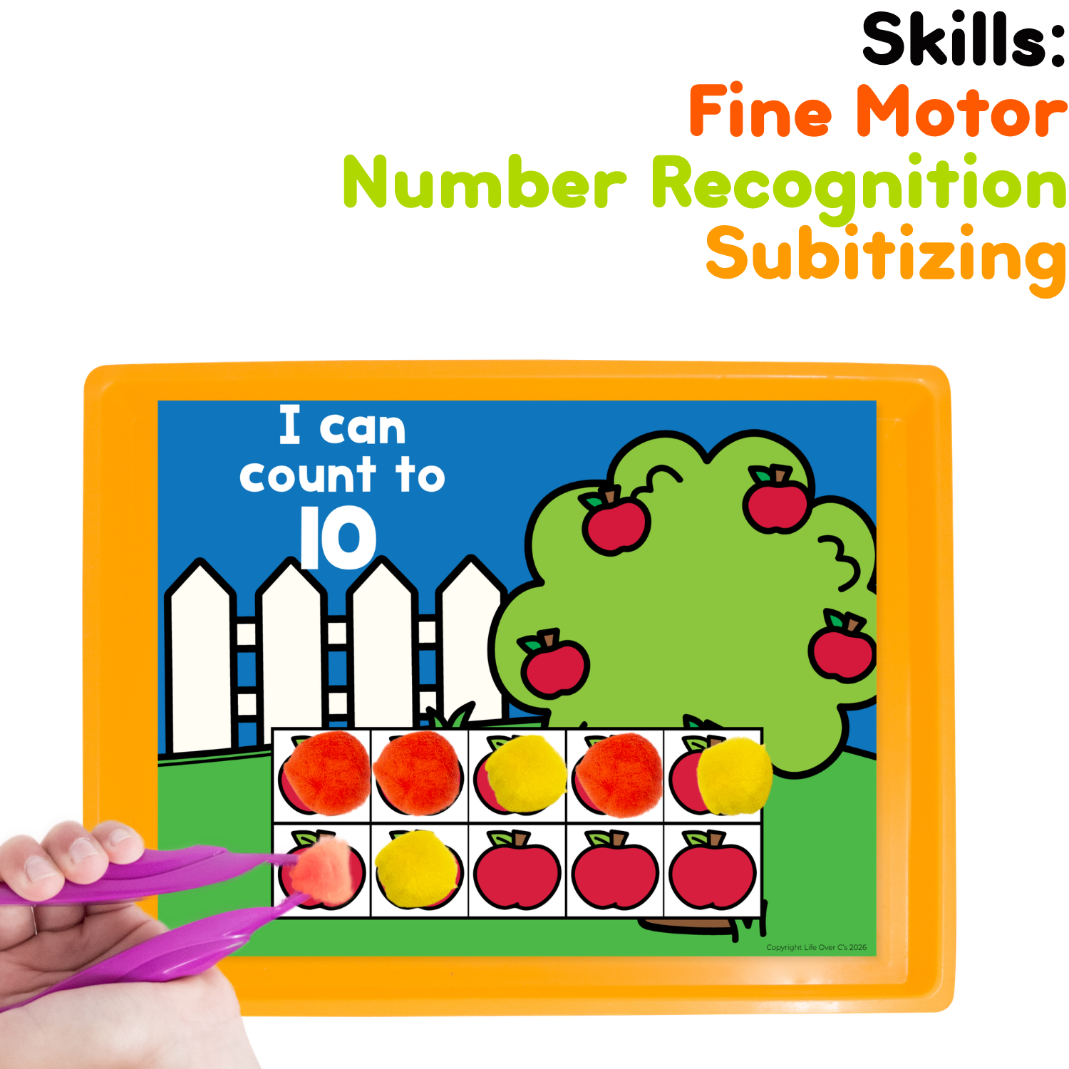 Apple counting grid game activity with pom poms and tweezers for preschool fine motor practice, number recognition, subitizing, and hands-on counting skills.