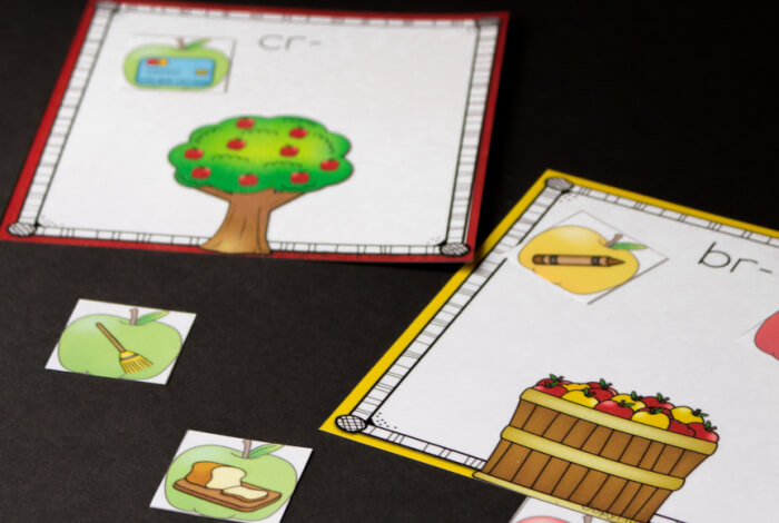 kindergarten literacy word blend sorting cards with apples and apple trees on a black background