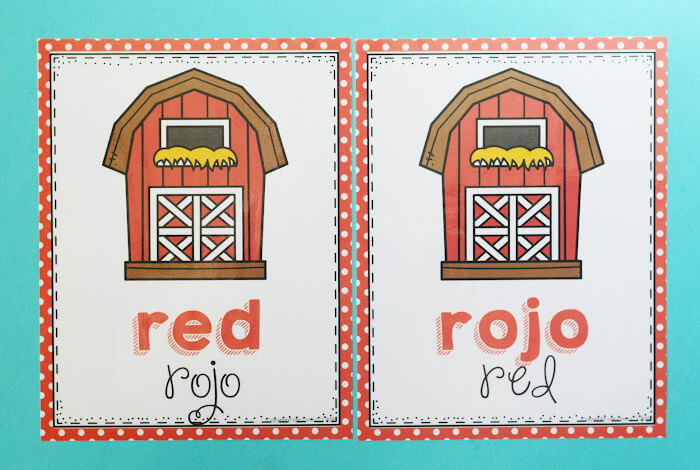 Posters for the color red. One version of the poster has the English color word first in colored letters, and the other has the Spanish word first in colored letters.  