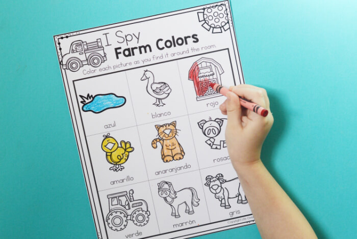 Children color the farm animals on the I Spy recording sheet as they find the color posters around the room.