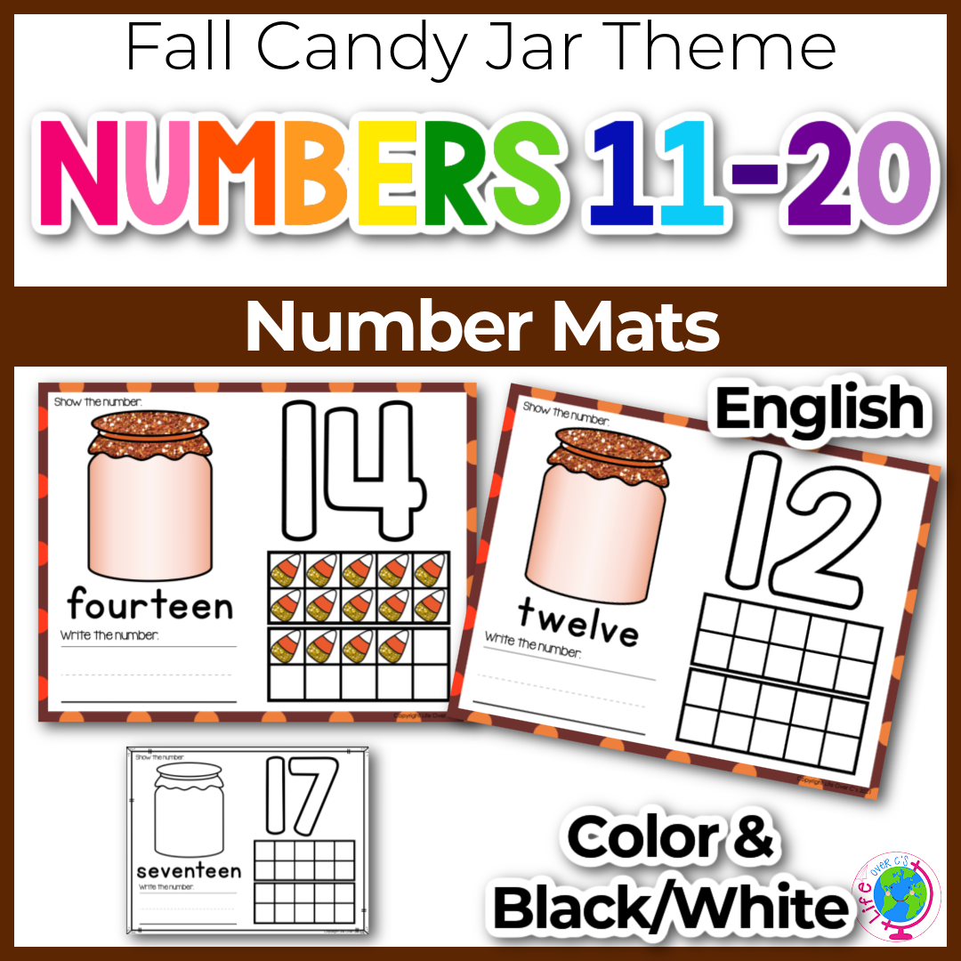 Counting number play dough mats for numbers 11-20 with a fun fall candy jar theme