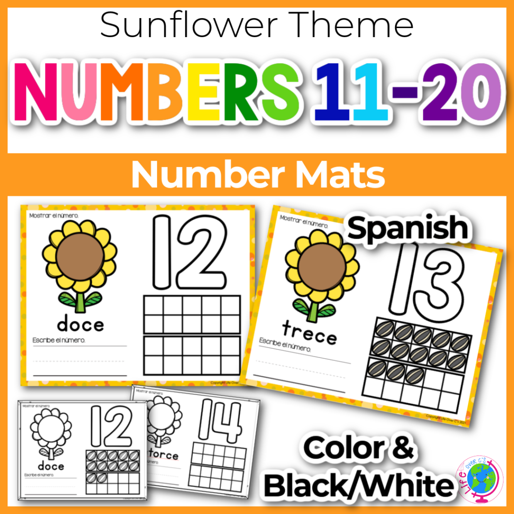 Sunflower theme numbers 11-20 number mats Spanish version
