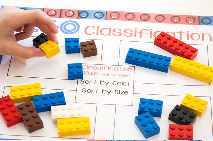 Use the classification mat to sort the LEGO by shape. 