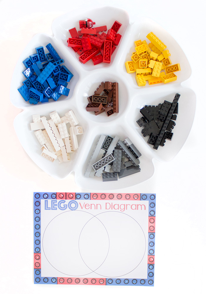 Different colors and sizes of LEGO blocks and a blank Venn diagram mat.