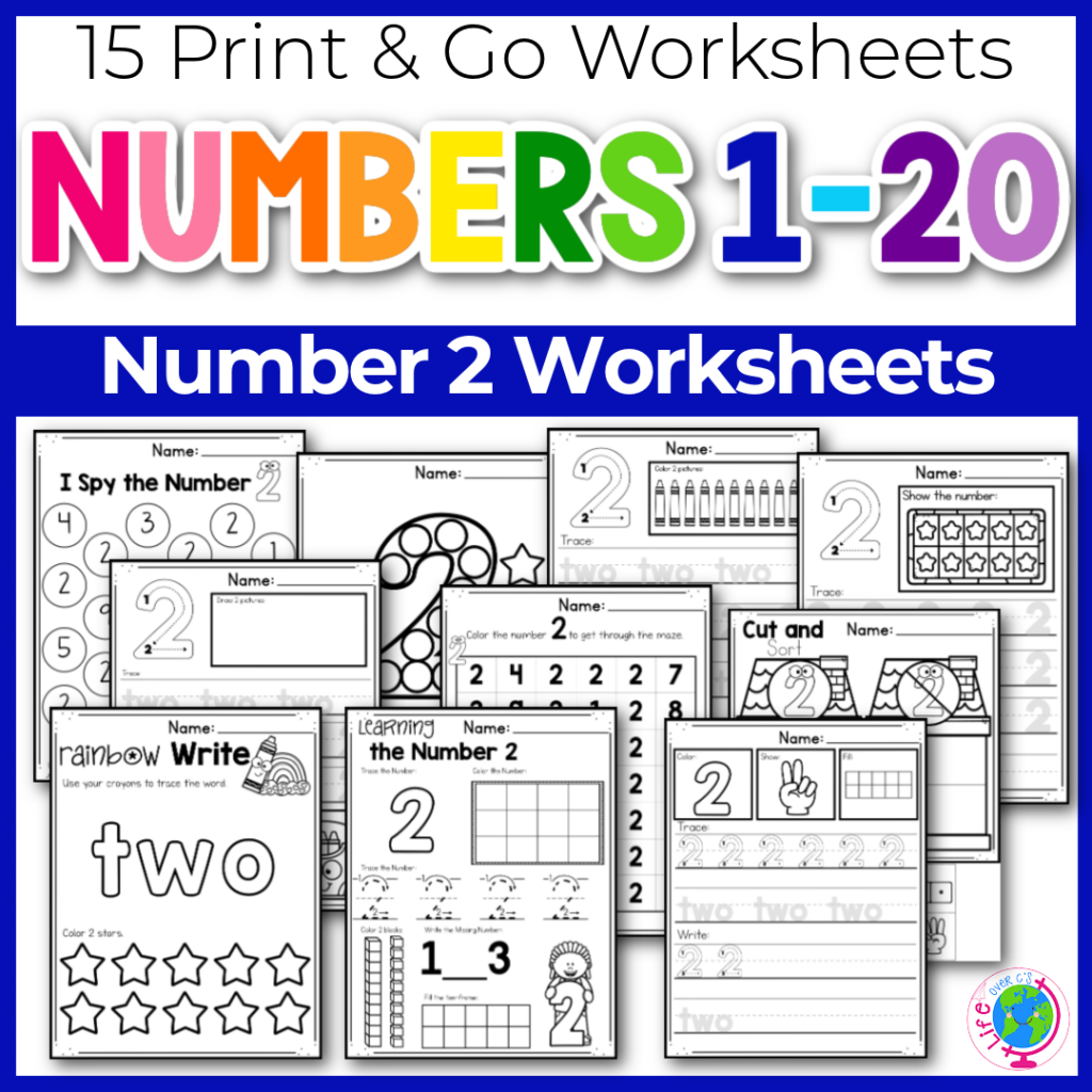 Number 2 counting worksheets for kindergarten