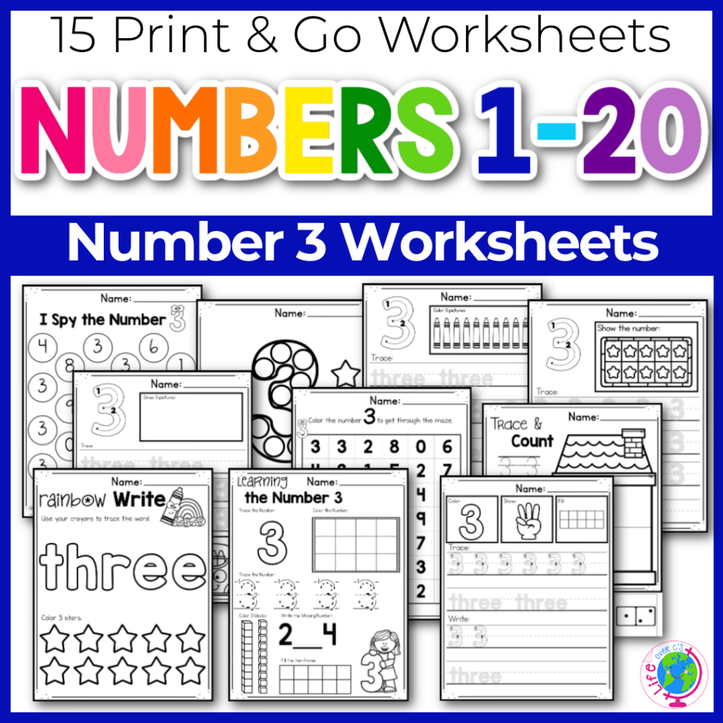 Number 3 counting worksheets for kindergarten