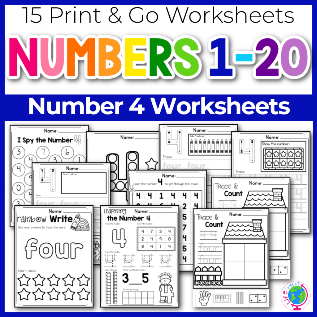 Number 4 counting worksheets for kindergarten and preschool students