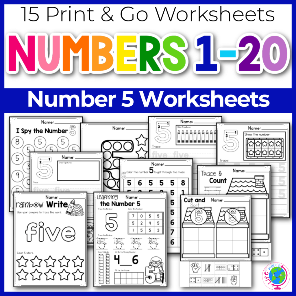 Number 5 worksheets for preschool and kindergarten students