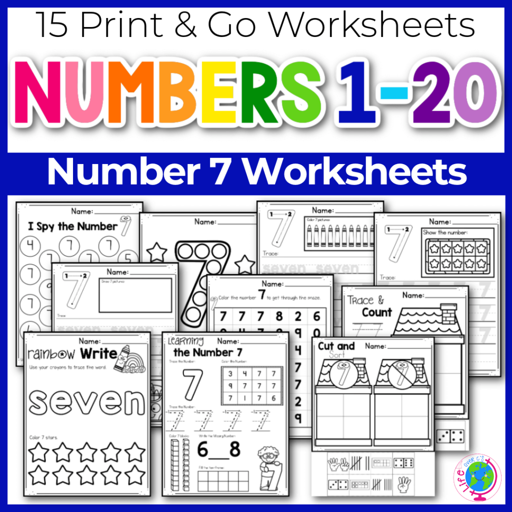 Number 7 print and go worksheets for preschool and kindergarten