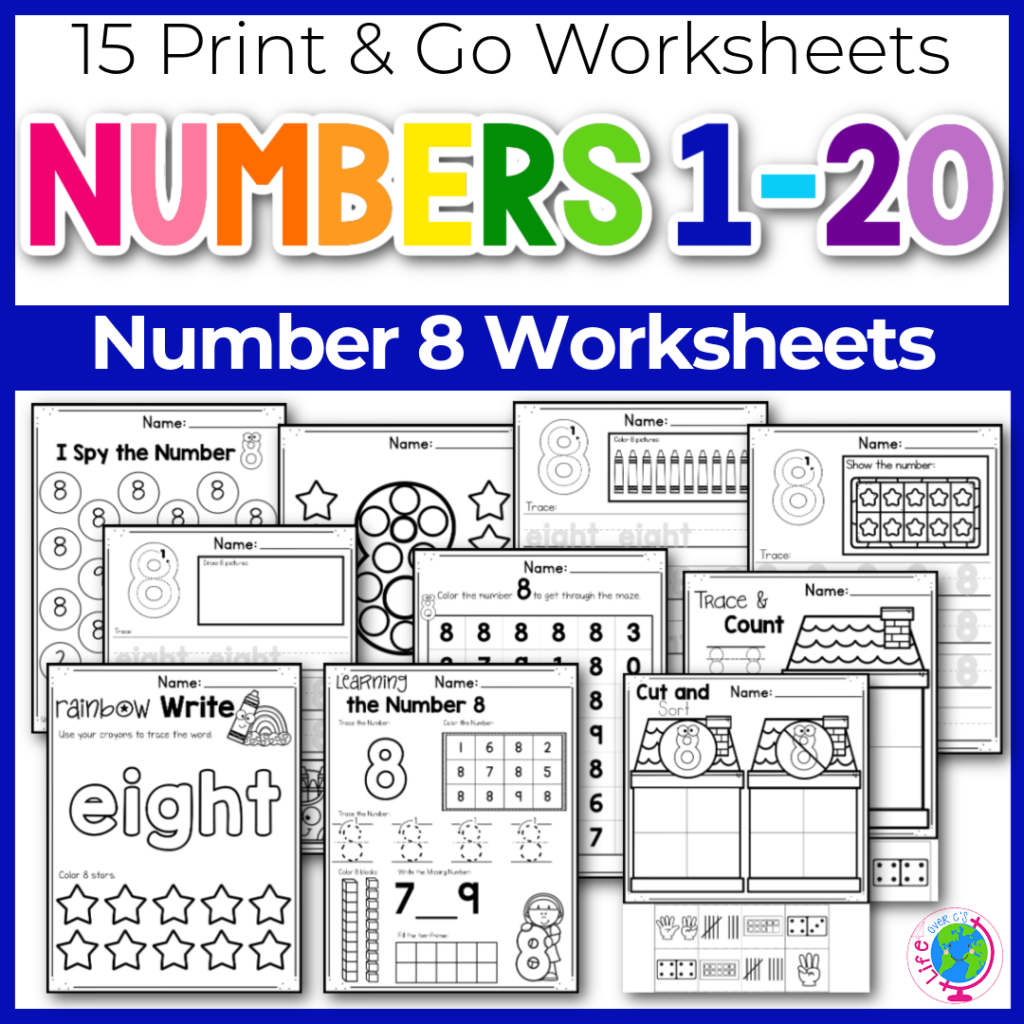 Number 8 print and go worksheets for preschool and kindergarten