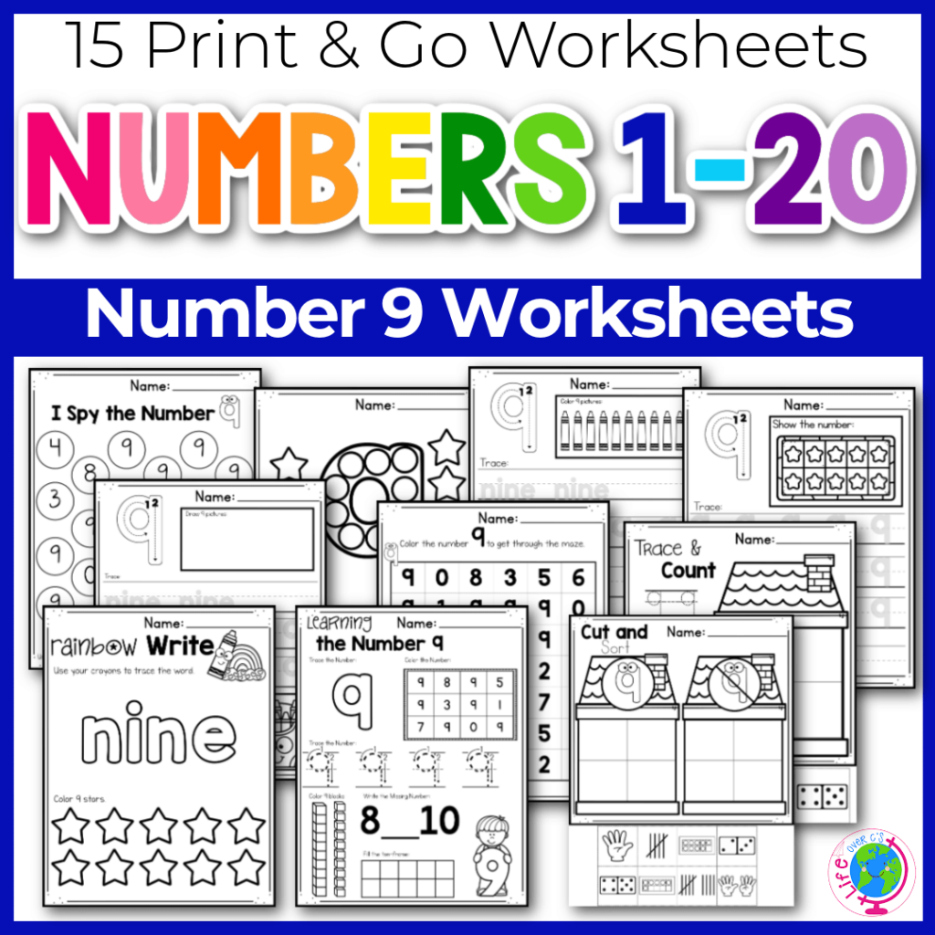 Number 9 worksheets - print and go math worksheets