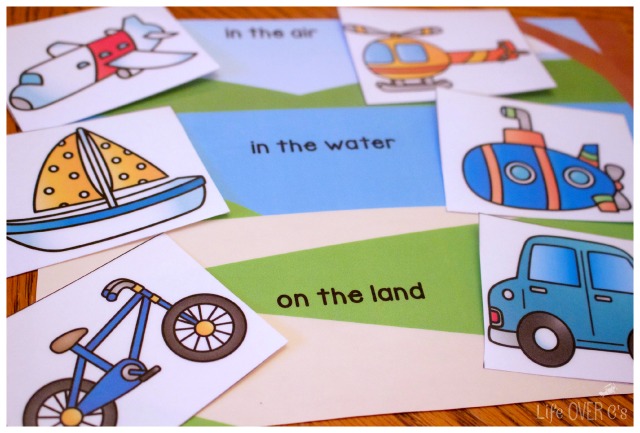 Matching and sorting activities with transportation theme