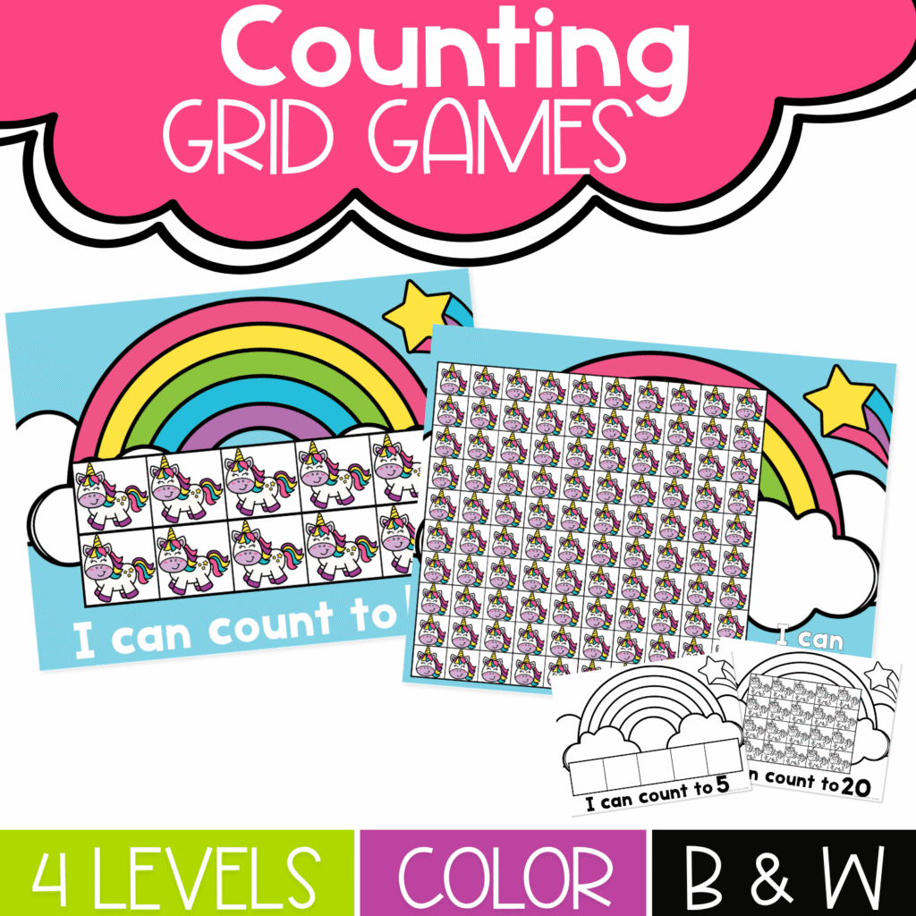 Unicorn counting grid games for preschool and kindergarten with 4 differentiated levels, color and black-and-white mats, and hands-on counting practice.