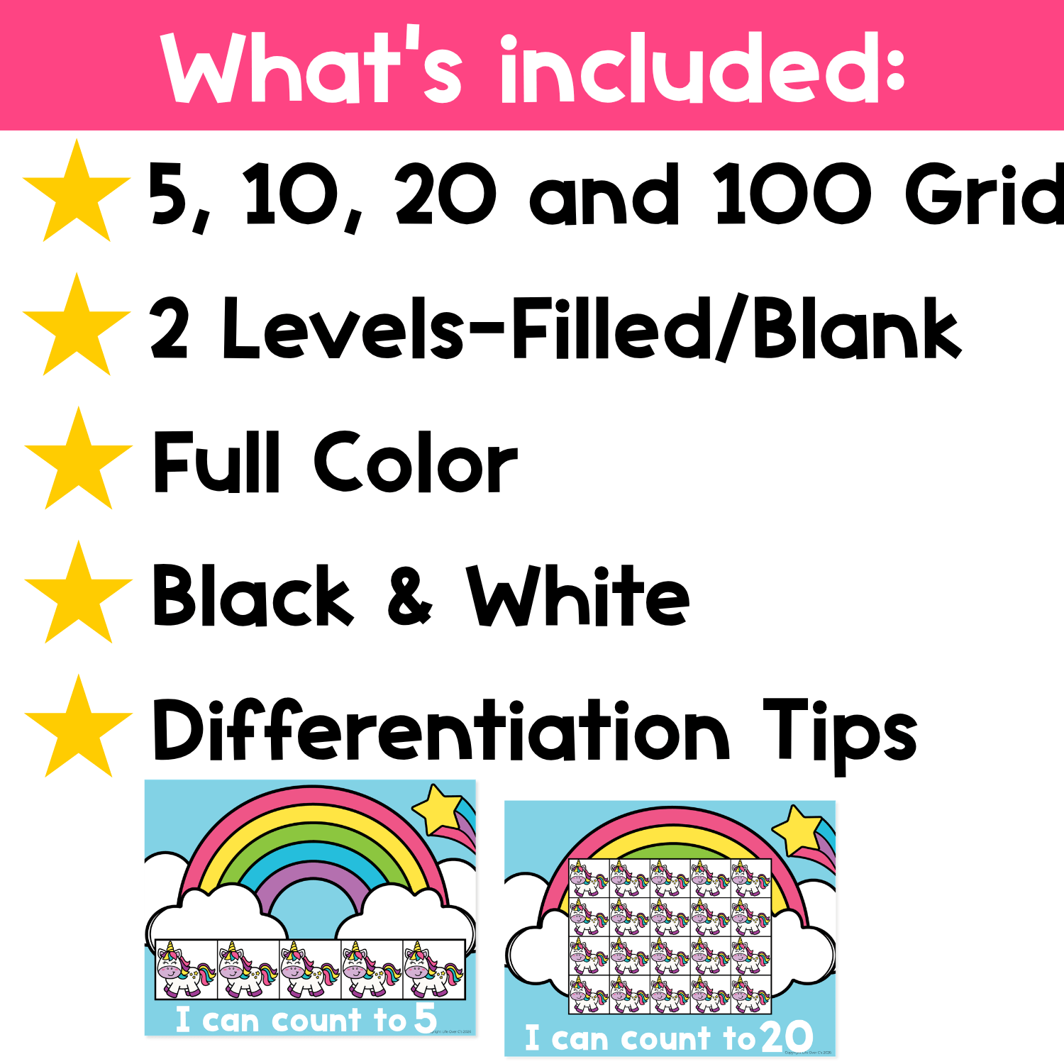 What’s included in the unicorn counting grid games with 5, 10, 20, and 100 grids, filled and blank levels, full color pages, black-and-white pages, and differentiation tips.