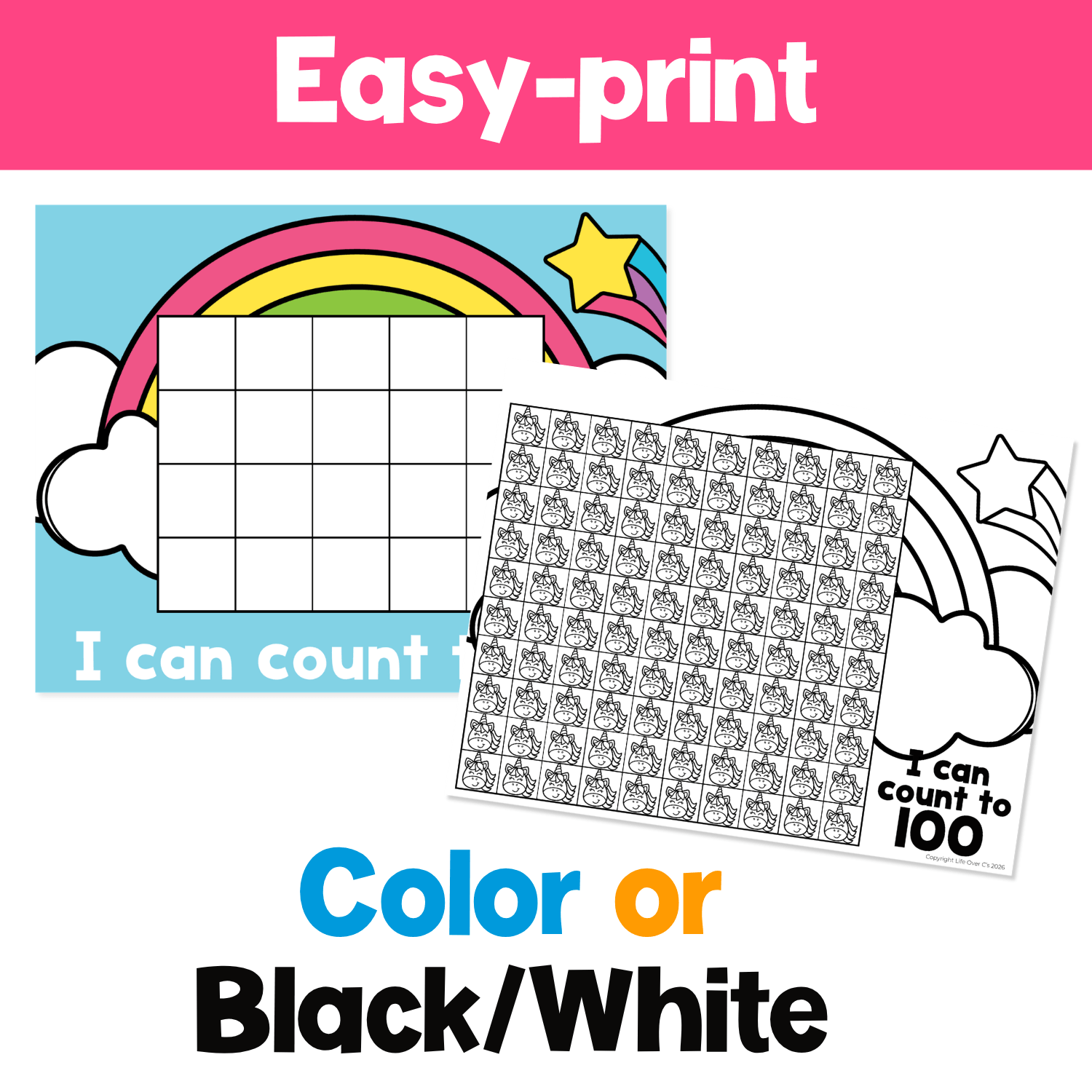 Easy-print unicorn counting grid game mats in color and black-and-white for practicing counting, number recognition, one-to-one correspondence, and early math skills.