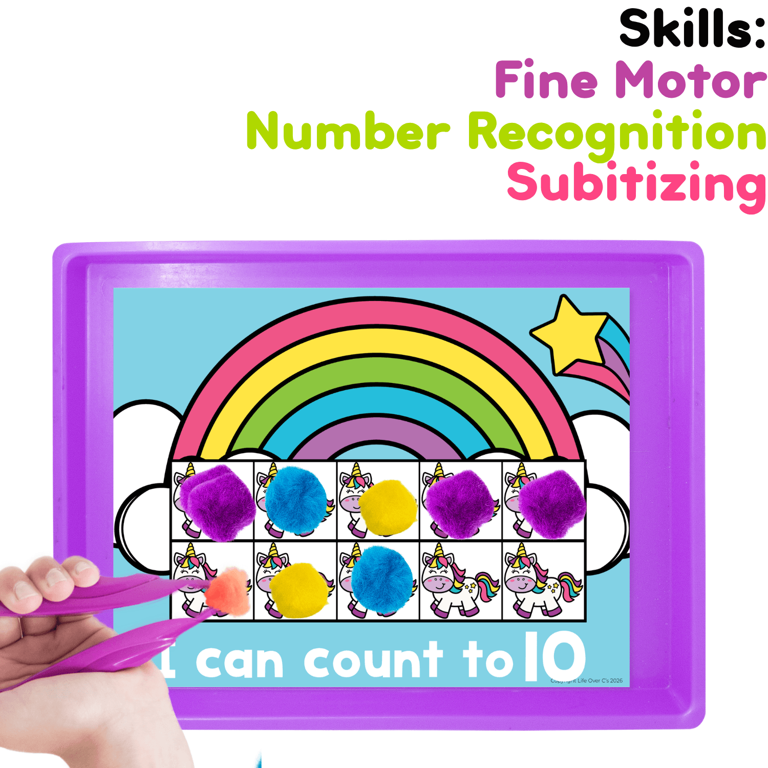 Hands-on unicorn counting grid game with pom poms and tweezers for fine motor practice, subitizing, number recognition, and counting to 10.
