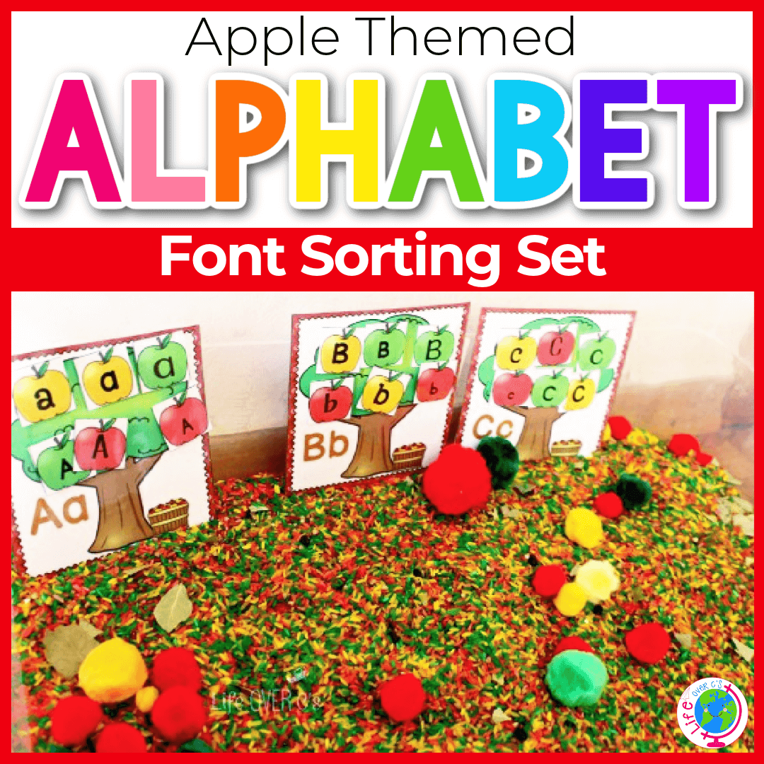 Apple themed alphabet font and letter sort for preschool and kindergarten