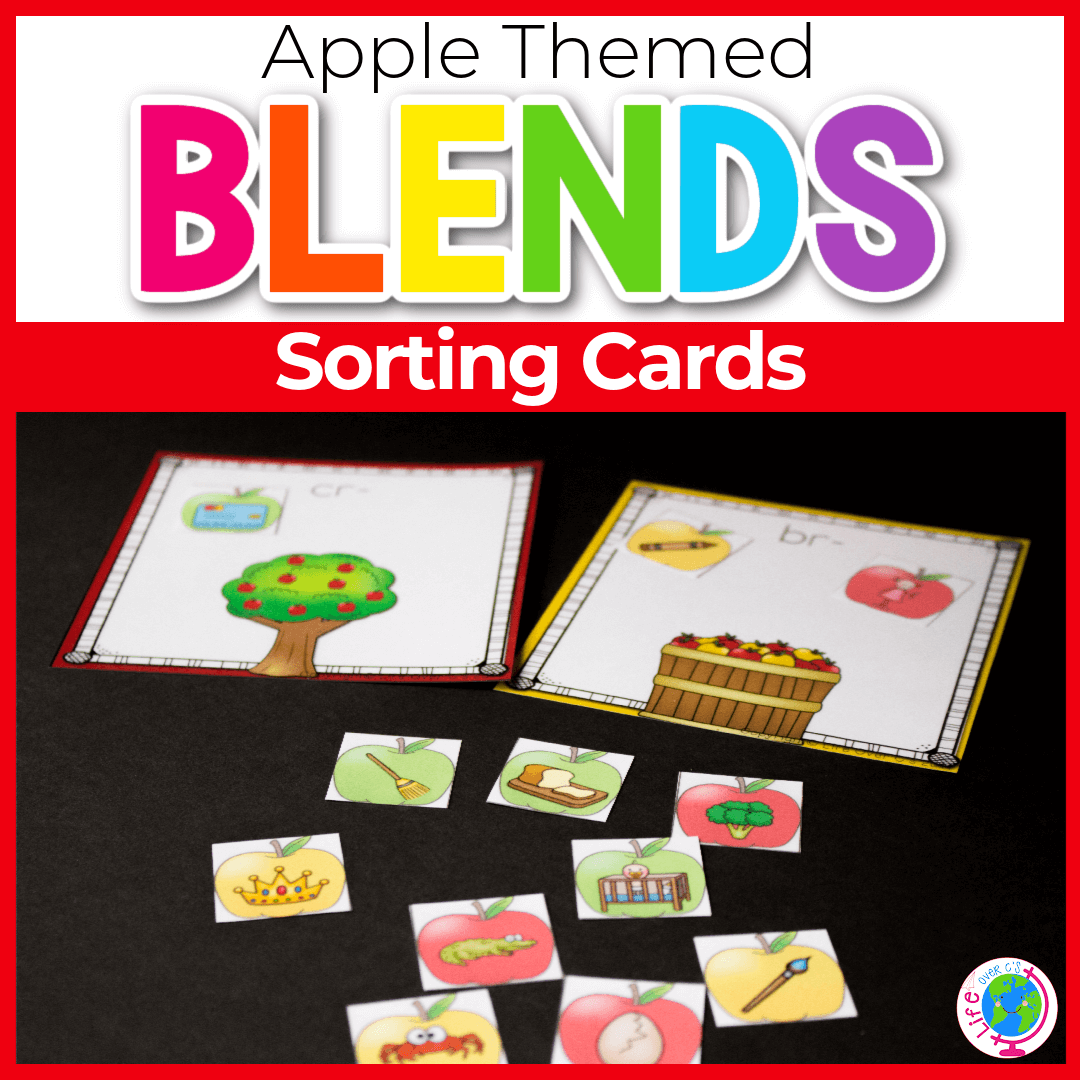 kindergarten literacy word blends sorting cards with apples and apple trees on a black background