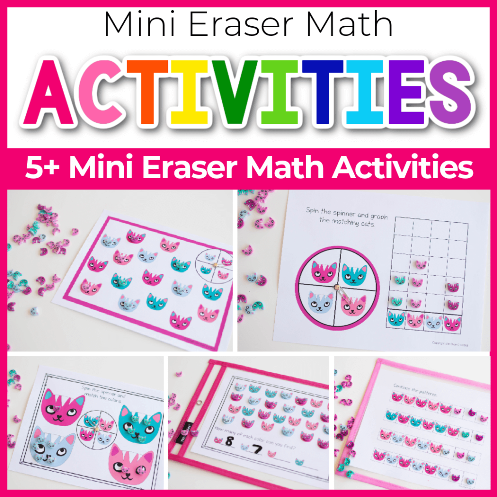 Math activities for kindergarten with mini cat erasers.