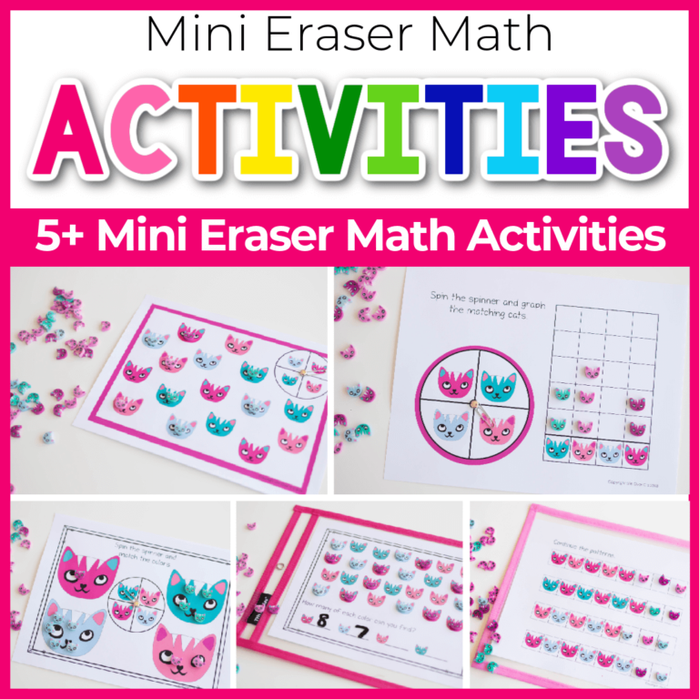 Math activities for kindergarten with mini cat erasers.