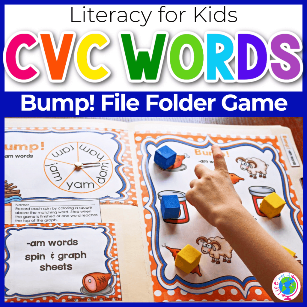 CVC sight words centers for kindergarten Bump game.