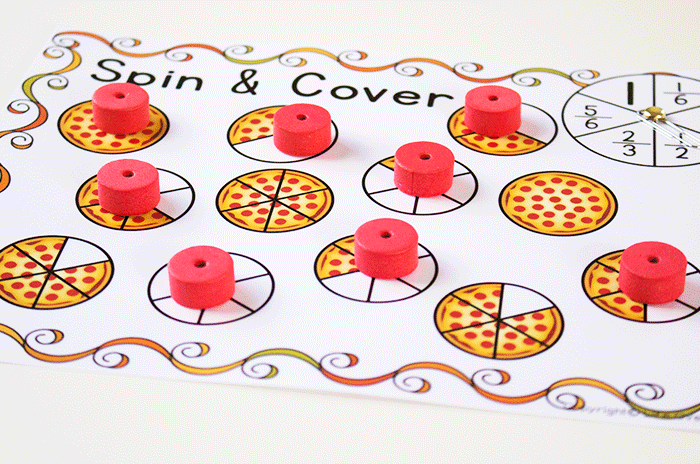 Pizza fractions spin and cover game