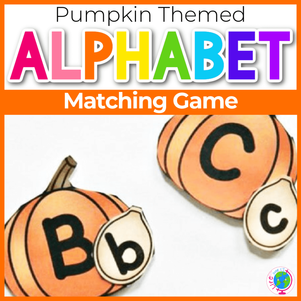 Pumpkin themed alphabet match game for preschool and kindergarten