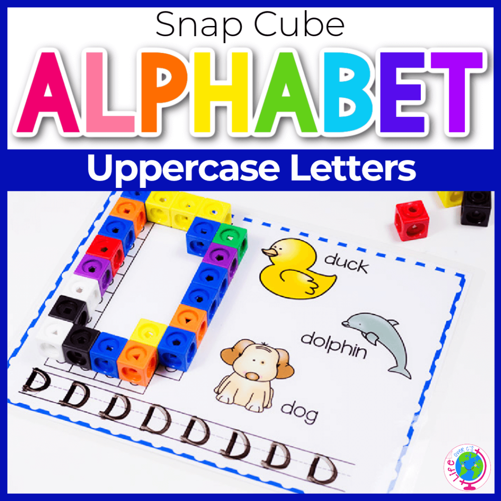 Uppercase alphabet fine motor snap cube mats for preschool and kindergarten