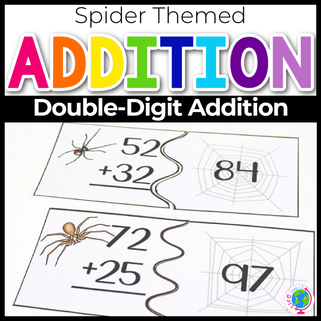 This spider themed double-digit addition game and puzzle set helps practice addition to 100.
