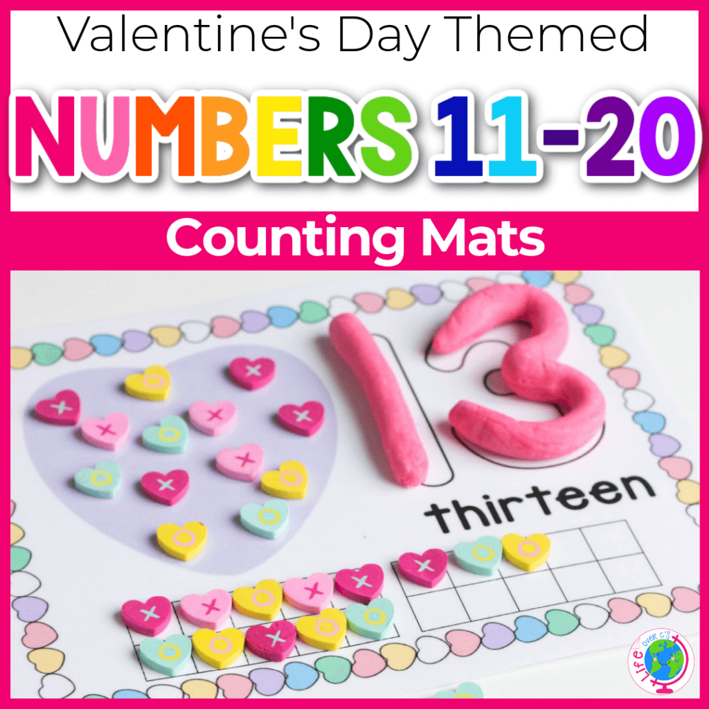 Valentine's day number counting mats for numbers 11 to 20