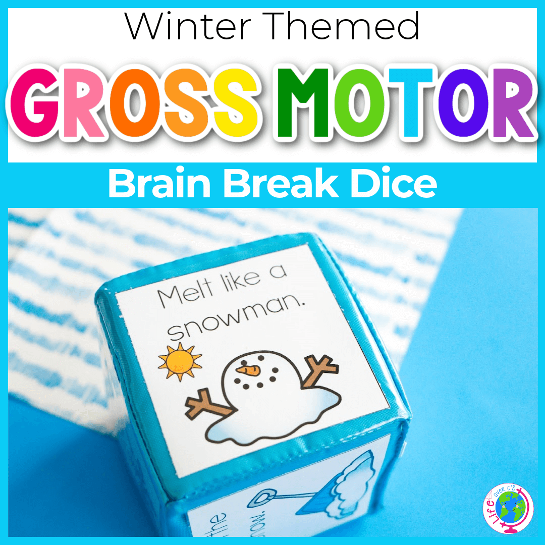 Winter gross motor brain break die in a clear photo cube showing a melting snowman card that says Melt like a snowman, a quick movement break for preschool and kindergarten classrooms.