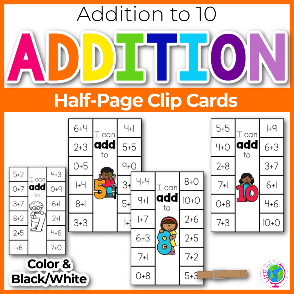 Addition to 10 clip cards half page size with 10 addition problems