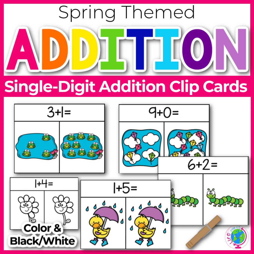 Single-digit addition problem printable clip cards for spring