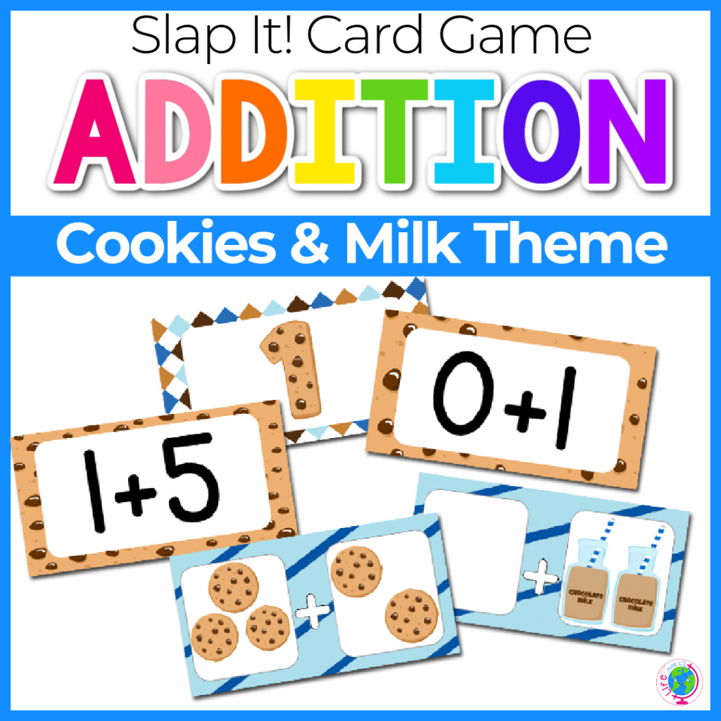 Addition card game with cookies and milk theme