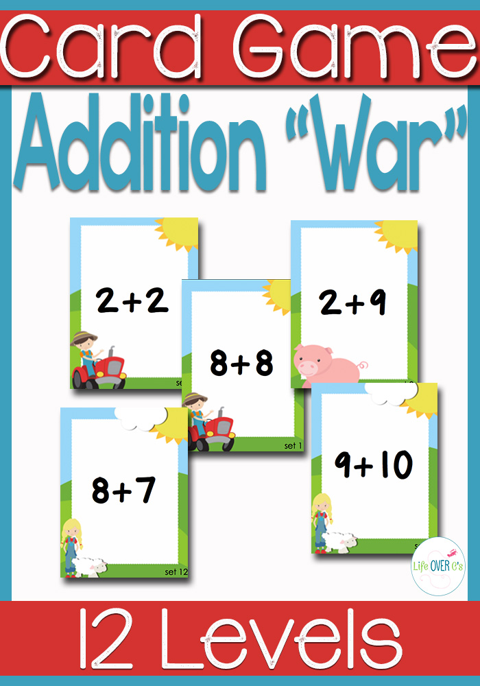 Addition "war" card game with 12 levels