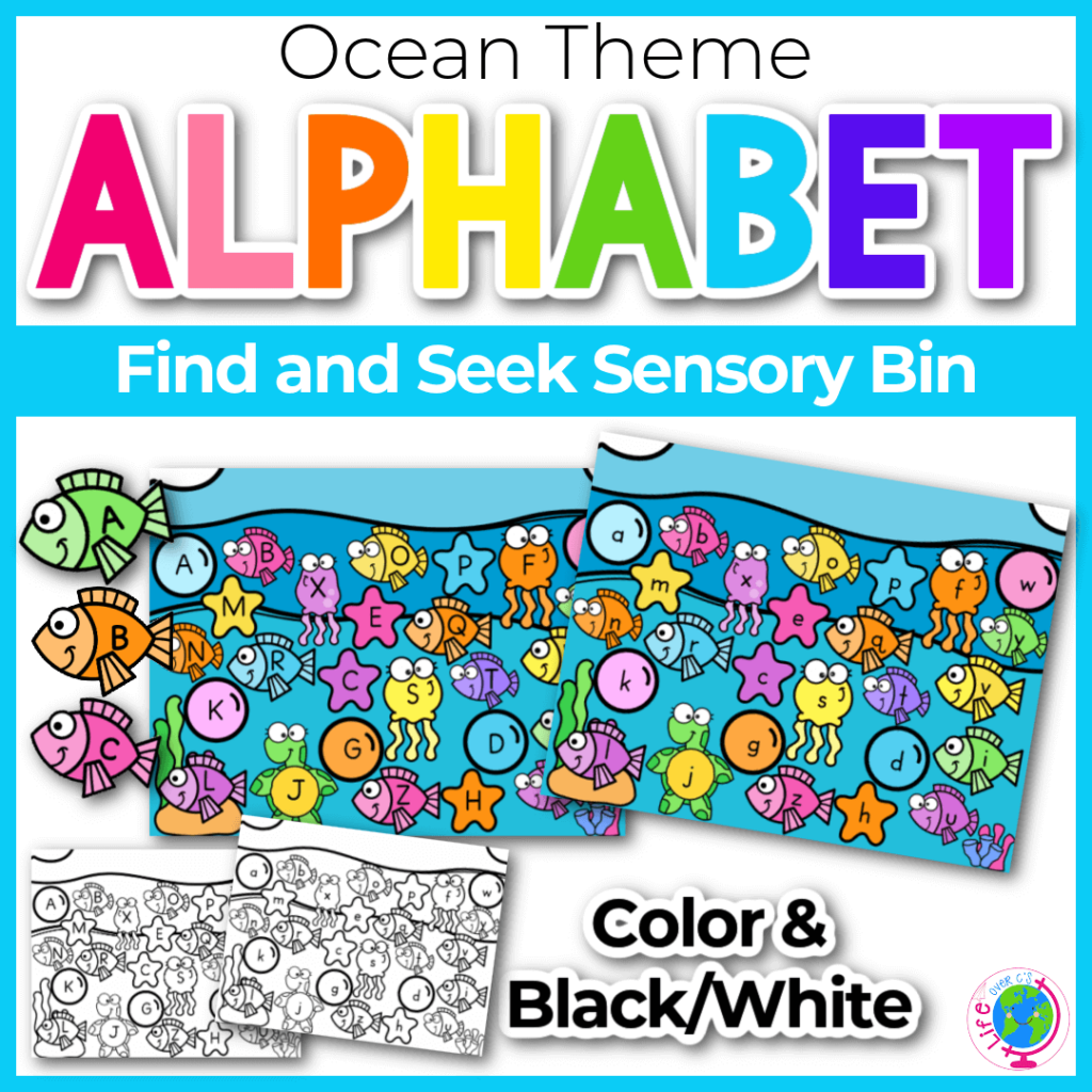 Ocean theme alphabet find and seek sensory bin games with color and black/white mats for uppercase and lowercase letters