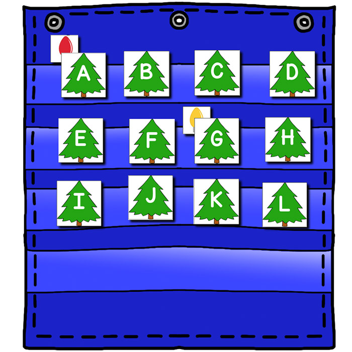 Alphabet hide and seek game with Christmas tree theme