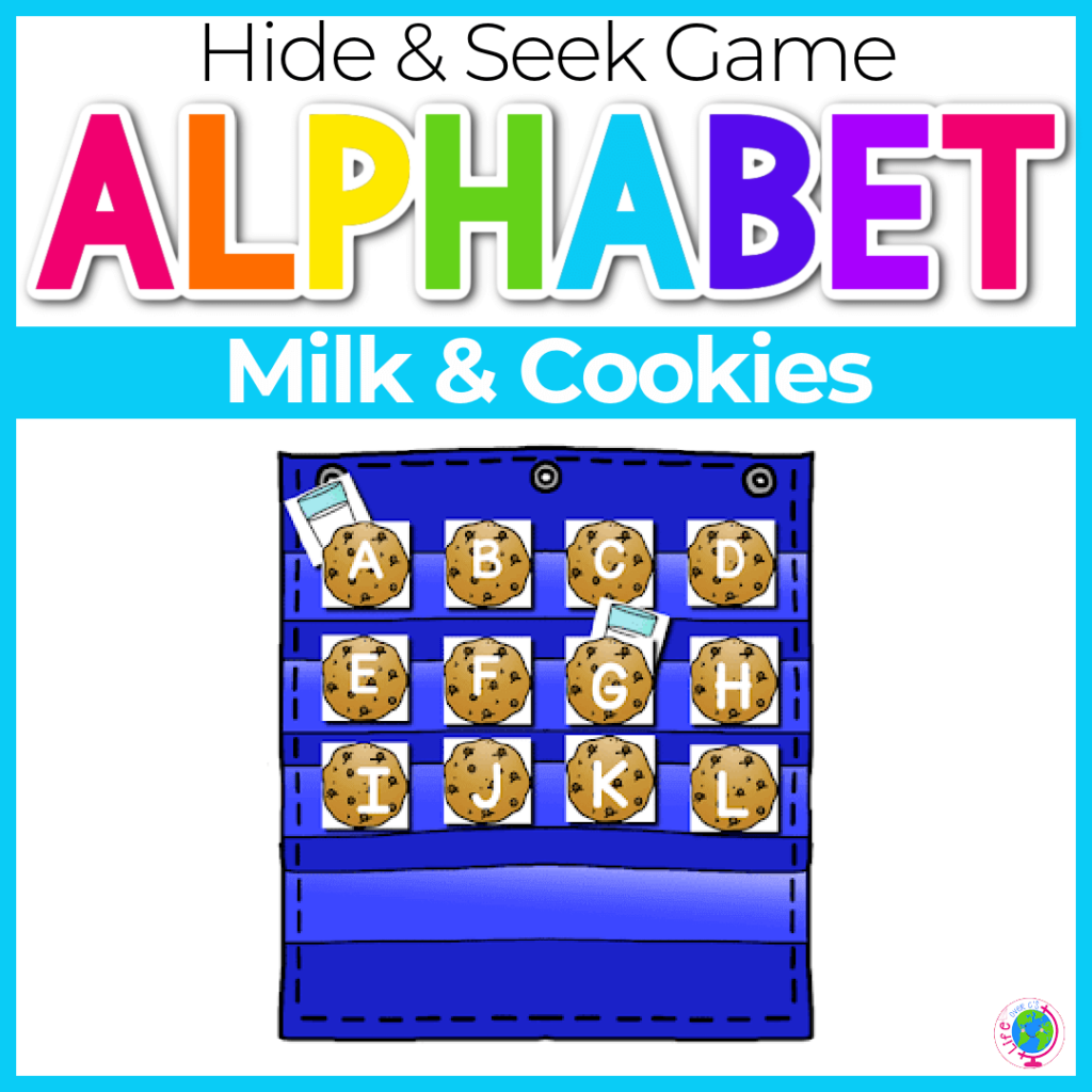 Hide and seek alphabet game with milk and cookies theme