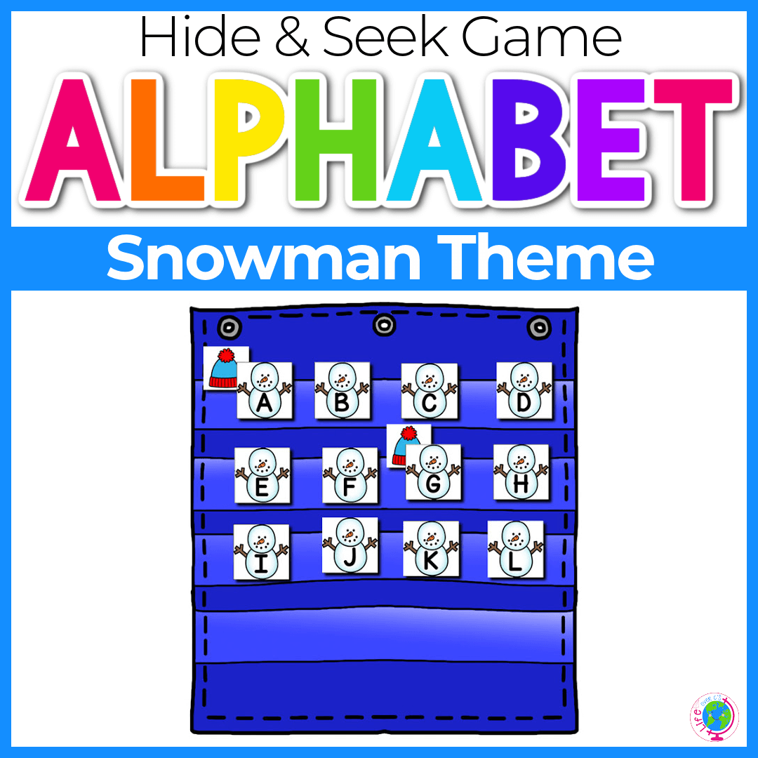 Alphabet hide and seek game with snowman winter theme